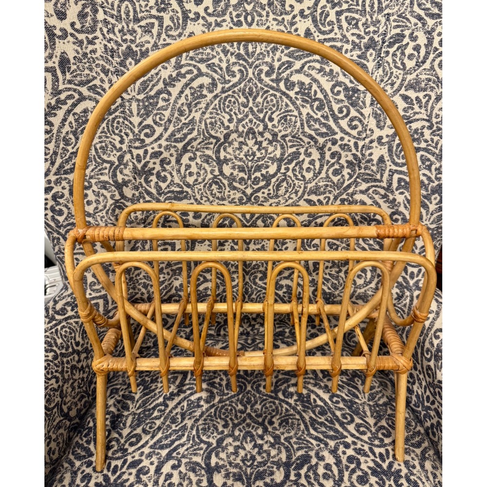 Vintage Bent Bamboo Rattan Magazine Rack with Handle
French Country Book Holder